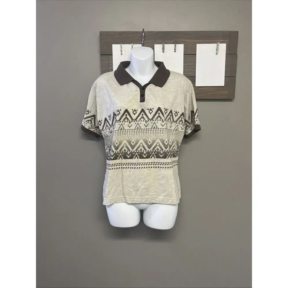 Roper Southwestern Heather Cream Polo Brown Tribal Short Sleeve Buttons Large